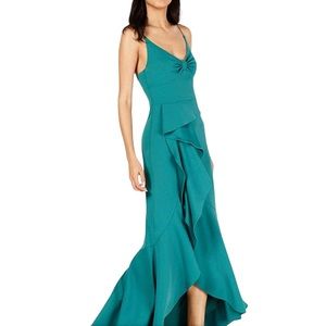 Adrianna Papell Green Waterfall Knit “Crepe Cascade” Spaghetti Strap Gown